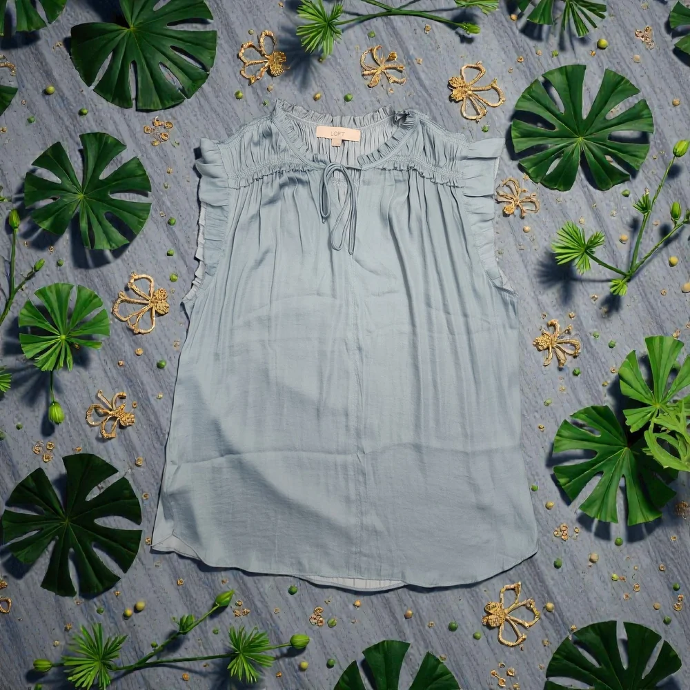 LOFT Light Blue Green Ruffle Sleeveless Blouse - Picture 1 of 9